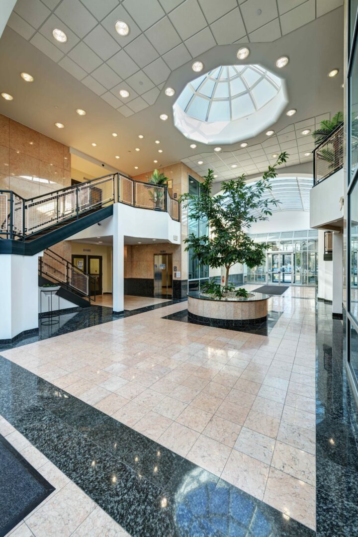 A large lobby with stairs and plants in the center.